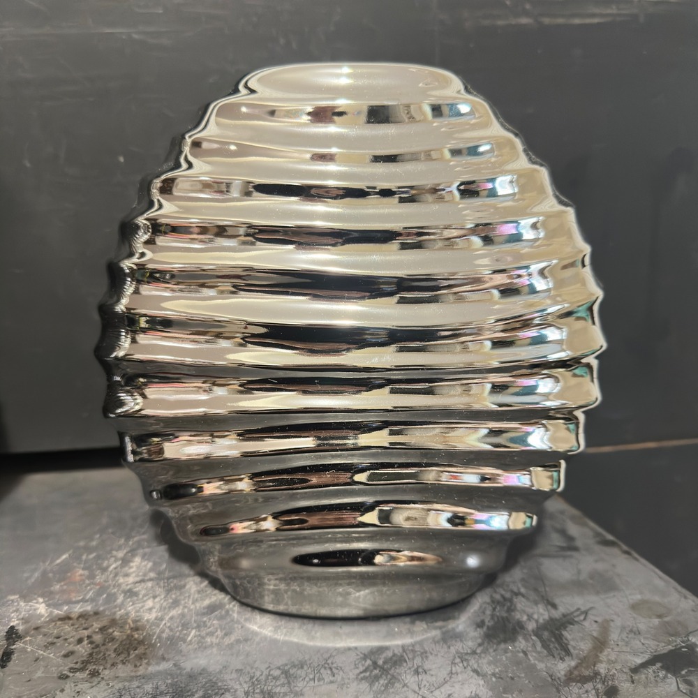 Sculptural‎ Ribbed Ceramic Vase Chrome Silver Metallic Modernist Beehive 8.5in